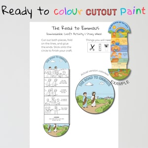 May include: A downloadable craft activity titled "The Road to Emmaus." The image shows a story wheel with illustrations and text, along with instructions to cut, fold, and glue the pieces. The text reads "Ready to colour CUTOUT Paint."