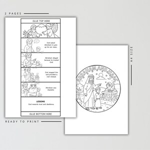 May include: A two-page A4 size printable coloring activity featuring the story of Abraham and Isaac. One page contains a five-panel comic strip with text describing the narrative and a lesson, while the other page shows a circular illustration.
