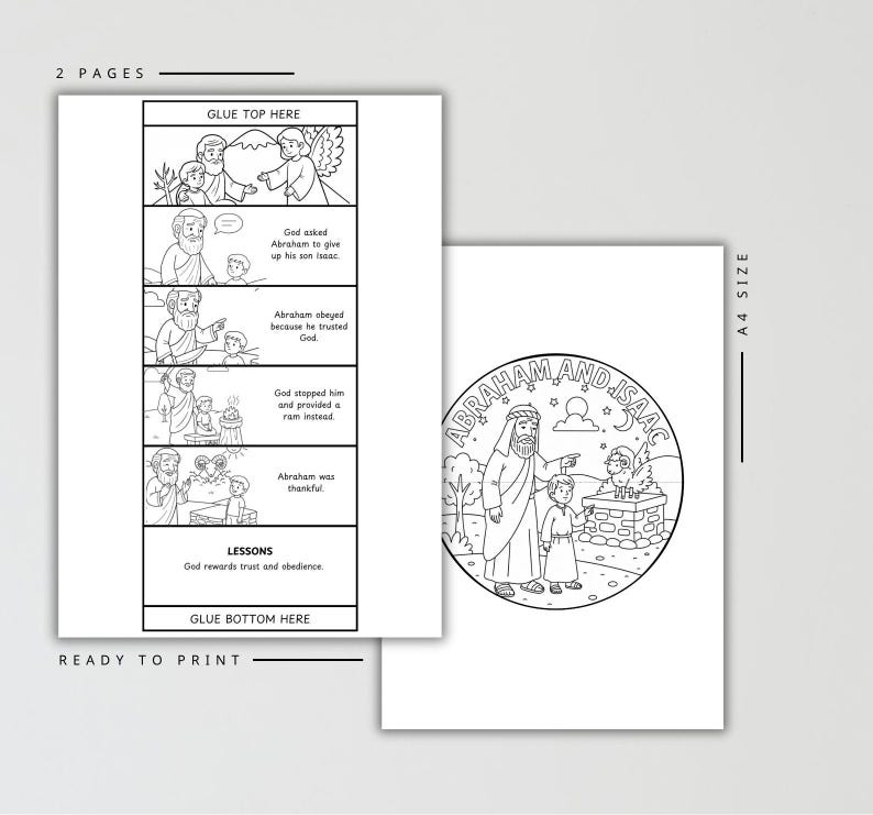 May include: A two-page A4 size printable coloring activity featuring the story of Abraham and Isaac. One page contains a five-panel comic strip with text describing the narrative and a lesson, while the other page shows a circular illustration.