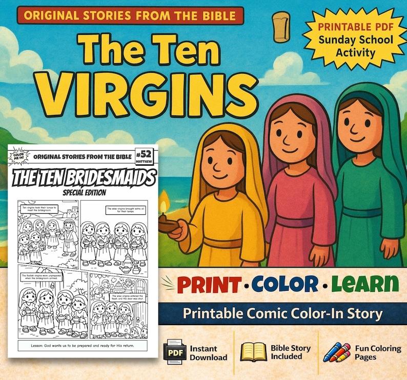 The Ten Bridesmaids Bible Comic Colouring Page: listing photo