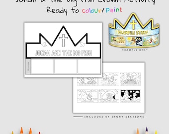 May include: A black and white coloring activity set featuring a crown design with the text "Jonah and the Big Fish." Includes a crown template, story sections, and the text "Ready to colour/paint."