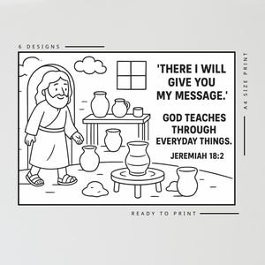 Puede incluir: Ilustraci&oacute;n en blanco y negro de una escena b&iacute;blica con un hombre, cer&aacute;mica y texto. El texto dice: &laquo;'ALL&Iacute; TE DAR&Eacute; MI MENSAJE.' DIOS ENSE&Ntilde;A A TRAV&Eacute;S DE LAS COSAS COTIDIANAS. JEREM&Iacute;AS 18:2.&raquo; La imagen est&aacute; etiquetada como &laquo;6 DISE&Ntilde;OS&raquo; y &laquo;READY TO PRINT&raquo;.