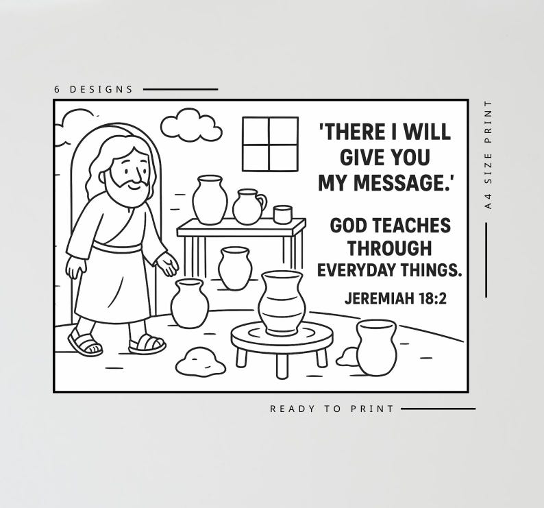 Puede incluir: Ilustraci&oacute;n en blanco y negro de una escena b&iacute;blica con un hombre, cer&aacute;mica y texto. El texto dice: &laquo;'ALL&Iacute; TE DAR&Eacute; MI MENSAJE.' DIOS ENSE&Ntilde;A A TRAV&Eacute;S DE LAS COSAS COTIDIANAS. JEREM&Iacute;AS 18:2.&raquo; La imagen est&aacute; etiquetada como &laquo;6 DISE&Ntilde;OS&raquo; y &laquo;READY TO PRINT&raquo;.