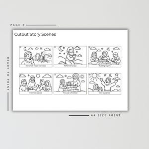 May include: Black and white illustrated story scenes, labeled "Cutout Story Scenes" and "Page 2". The scenes depict biblical events, including "Nehemiah hears bad news" and "God is praised". The text "Ready to Print" and "A4 Size Print" are also visible.