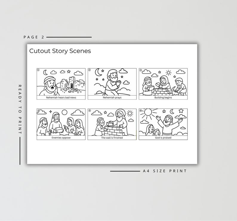 May include: Black and white illustrated story scenes, labeled "Cutout Story Scenes" and "Page 2". The scenes depict biblical events, including "Nehemiah hears bad news" and "God is praised". The text "Ready to Print" and "A4 Size Print" are also visible.