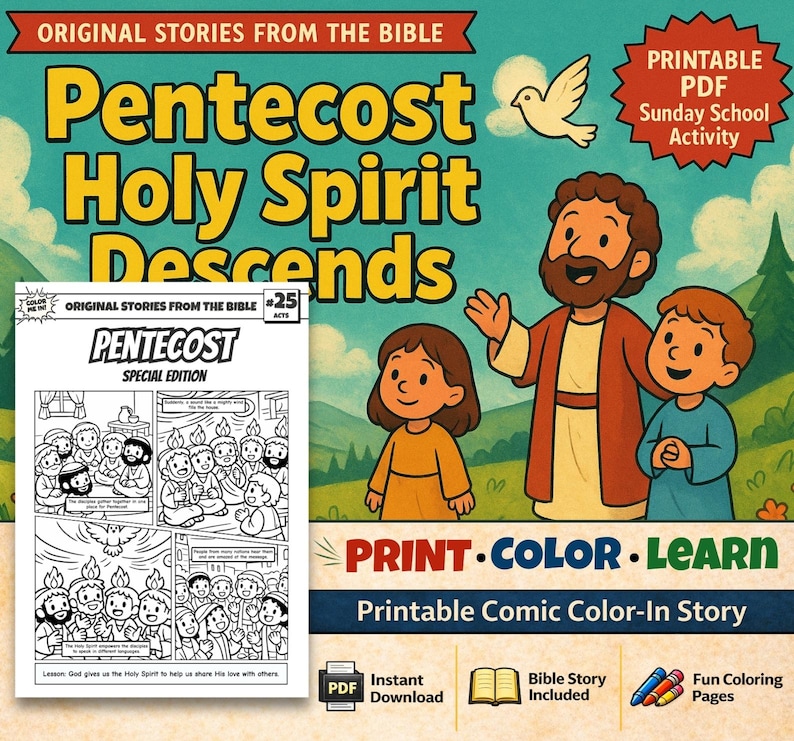 Pentecost Holy Spirit Descends Bible Comic Colouring Page for Kids: listing photo