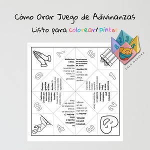 May include: A white paper fortune teller with Spanish text and illustrations, including praying hands and a heart. The text includes phrases like "C&oacute;mo Orar" and "Juego de Adivinanzas". A colorful origami fortune teller is in the corner.