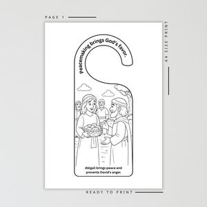 Puede incluir: Colgador de puerta en blanco y negro con una ilustraci&oacute;n b&iacute;blica. El texto dice "Hacer la paz trae el favor de Dios" y "Abigail trae la paz y evita la ira de David". Dise&ntilde;o listo para imprimir, tama&ntilde;o A4.