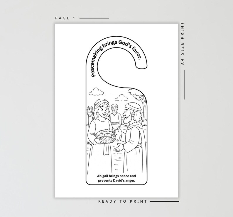 Puede incluir: Colgador de puerta en blanco y negro con una ilustraci&oacute;n b&iacute;blica. El texto dice "Hacer la paz trae el favor de Dios" y "Abigail trae la paz y evita la ira de David". Dise&ntilde;o listo para imprimir, tama&ntilde;o A4.