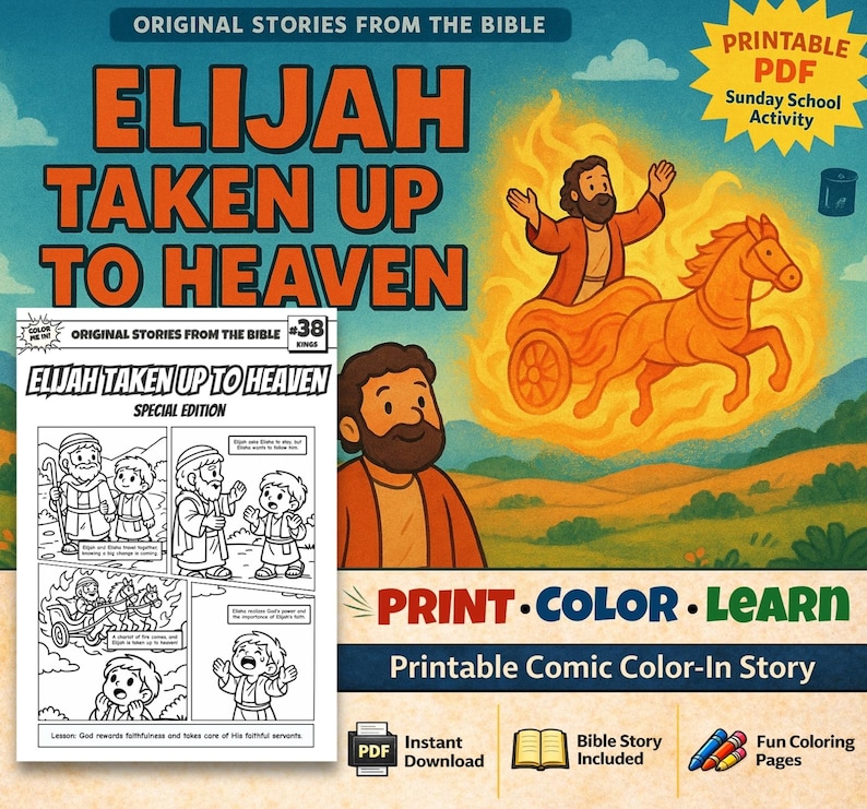 Elijah Taken Up to Heaven Bible Comic Colouring Page: listing photo