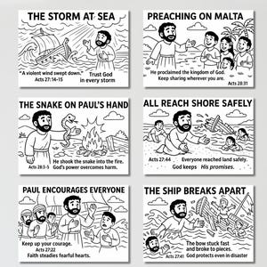 May include: Set of six black and white illustrated cards depicting biblical scenes. Each card features a different scene with text, including "The Storm at Sea," "Preaching on Malta," and "The Snake on Paul's Hand."