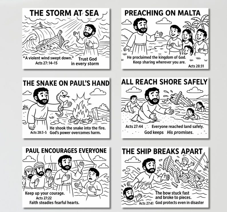 May include: Set of six black and white illustrated cards depicting biblical scenes. Each card features a different scene with text, including "The Storm at Sea," "Preaching on Malta," and "The Snake on Paul's Hand."