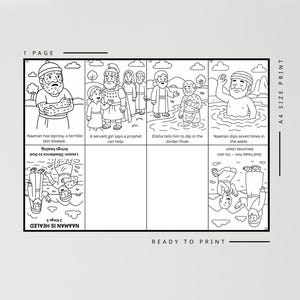 May include: Black and white line art illustration of a Bible story, featuring panels with text and images. The story depicts Naaman's healing from leprosy. Includes the text "Ready to Print" and "A4 Size Print".