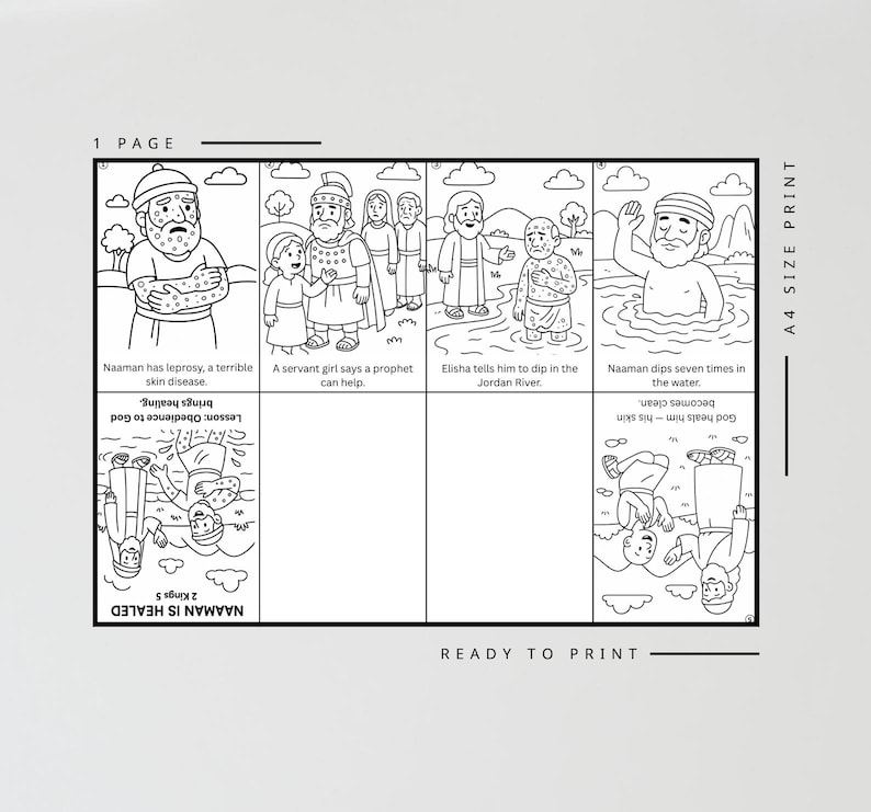 May include: Black and white line art illustration of a Bible story, featuring panels with text and images. The story depicts Naaman's healing from leprosy. Includes the text "Ready to Print" and "A4 Size Print".