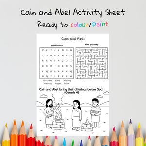 Può includere: Foglio di attività in bianco e nero intitolato "Cain and Abel Activity Sheet" con un cruciverba, un labirinto e un'illustrazione di Caino e Abele. Il testo "Ready to colour/Paint" è sopra il foglio.