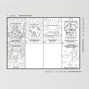 Pu&ograve; includere: Pagina da colorare stampabile in bianco e nero con illustrazioni sulla preghiera. La pagina include immagini di Ges&ugrave;, bambini, pane e un globo. Il testo include frasi come "Inizia lodando Dio" e "Chiedi il piano di Dio."
