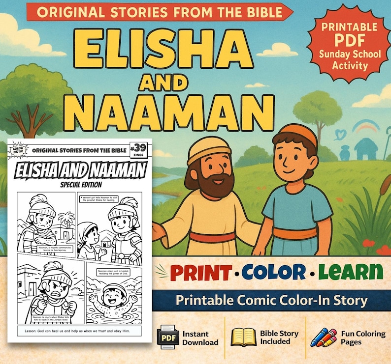 Elisha and Naaman Bible Comic Colouring Page: listing photo