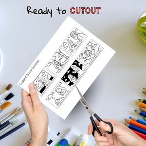 May include: A white sheet of paper with black line drawings of cutout story scenes is being cut with scissors. The text "Ready to CUTOUT" is at the top. The text "Cutout Story Scenes" is on the left side of the paper.