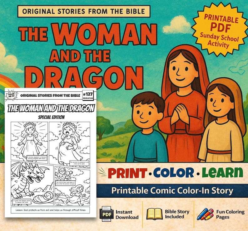 The Woman and the Dragon Bible Comic Colouring Page: listing photo