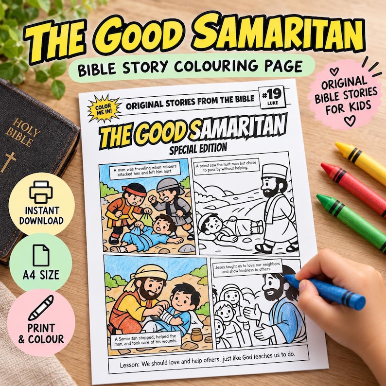 The Good Samaritan Bible Comic Colouring Page: listing photo
