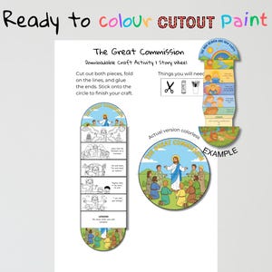 May include: A downloadable craft activity titled "The Great Commission." The image features a story wheel with illustrations and text, including instructions to cut, fold, and glue the pieces. The words "Ready to colour CUTOUT paint" are at the top.