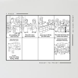 Puede incluir: Impresi&oacute;n en blanco y negro que representa una historia b&iacute;blica en formato de c&oacute;mic. El texto incluye: "En una boda, el vino se acaba", "Mar&iacute;a le cuenta a Jes&uacute;s el problema" y "Jes&uacute;s convierte el agua en vino."