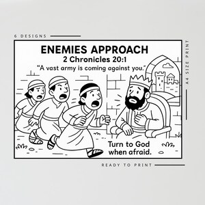 以下が含まれることがあります： 「ENEMIES APPROACH 2 Chronicles 20:1」のテキストが入った白黒漫画イラスト。王に向かって走る人物が描かれており、「恐れるときは神に頼りなさい」というテキストが入っています。