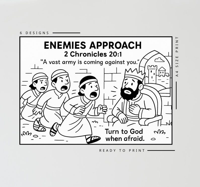 以下が含まれることがあります： 「ENEMIES APPROACH 2 Chronicles 20:1」のテキストが入った白黒漫画イラスト。王に向かって走る人物が描かれており、「恐れるときは神に頼りなさい」というテキストが入っています。