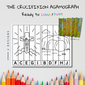 May include: Black and white agamograph art print with the text "THE CRUCIFIXION AGAMOGRAPH" and "Ready to colour/Paint". The design features a cross with Jesus and an empty tomb. A sample agamograph is shown.