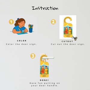 May include: Illustrated instructions for a door sign craft. The steps include coloring, cutting, and hanging the sign. The sign features illustrations of two people and the text "And Abel and Cain became Shepherds Genesis 4:2".