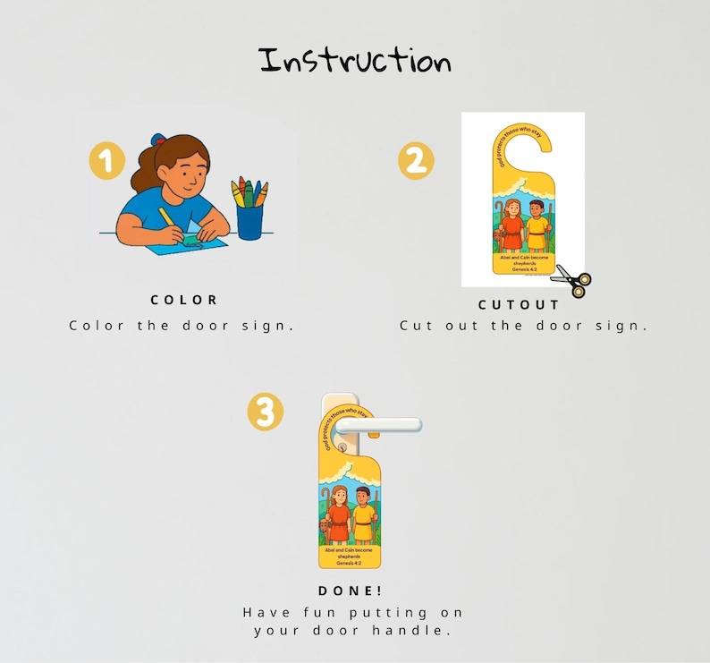 May include: Illustrated instructions for a door sign craft. The steps include coloring, cutting, and hanging the sign. The sign features illustrations of two people and the text "And Abel and Cain became Shepherds Genesis 4:2".