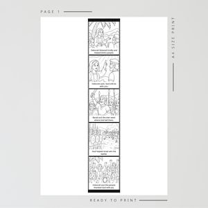 May include: Black and white printable page with a religious theme. The page is divided into vertical panels depicting a story with text and illustrations. The text includes phrases like "Deborah listened kindly" and "God helped Israel win the battle."