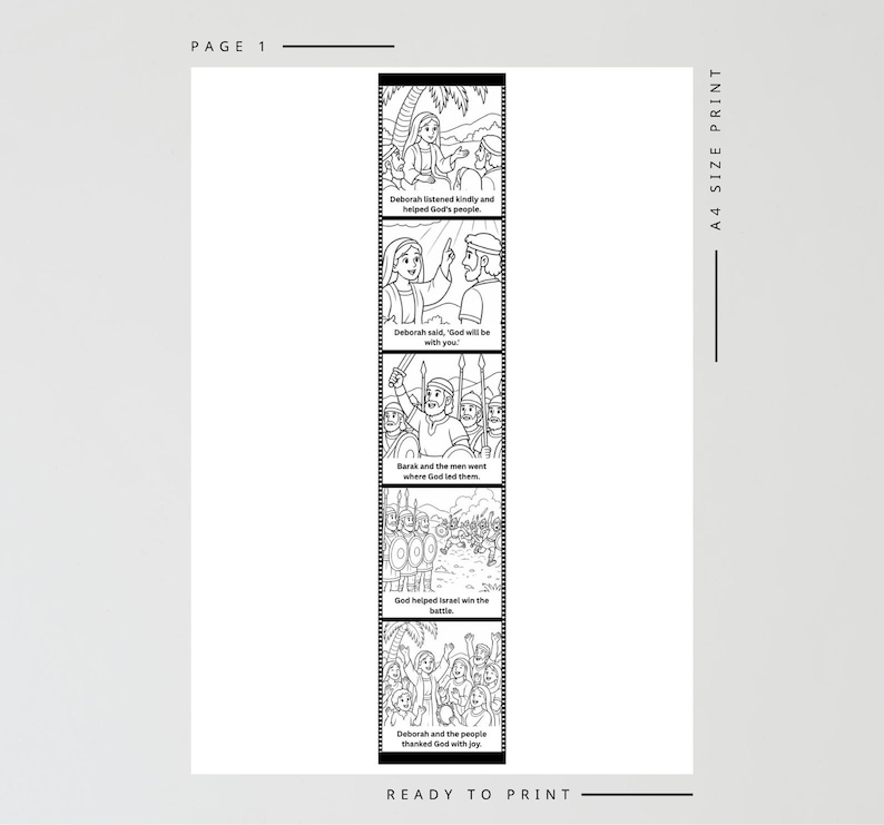 May include: Black and white printable page with a religious theme. The page is divided into vertical panels depicting a story with text and illustrations. The text includes phrases like "Deborah listened kindly" and "God helped Israel win the battle."