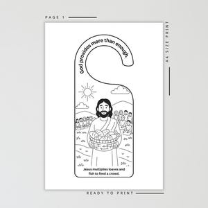 May include: Black and white door hanger featuring a religious illustration. The image shows Jesus with a basket of fish, surrounded by people. Text includes "God provides more than enough" and "Jesus multiplies loaves and fish to feed a crowd."