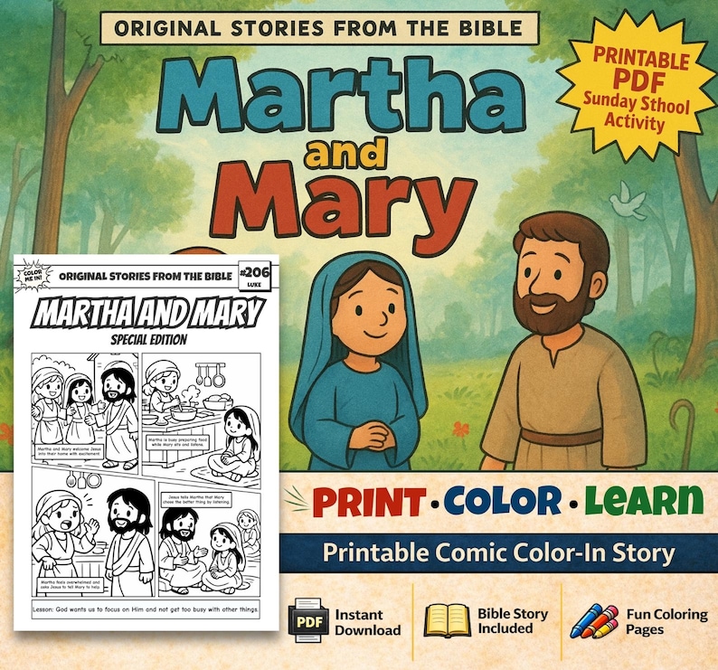 Martha and Mary Bible Comic Colouring Page: listing photo