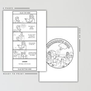 Puede incluir: Libro para colorear en blanco y negro de dos p&aacute;ginas con el texto "Jeremiah's Call". Una p&aacute;gina presenta una ilustraci&oacute;n circular de personas y un edificio. La otra p&aacute;gina tiene una historieta con texto e ilustraciones.
