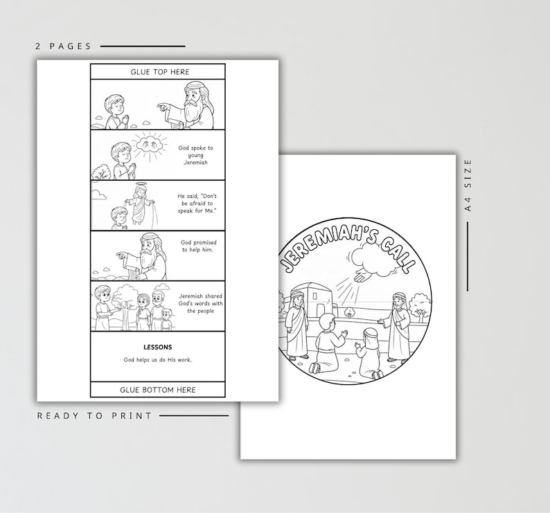 Puede incluir: Libro para colorear en blanco y negro de dos p&aacute;ginas con el texto "Jeremiah's Call". Una p&aacute;gina presenta una ilustraci&oacute;n circular de personas y un edificio. La otra p&aacute;gina tiene una historieta con texto e ilustraciones.