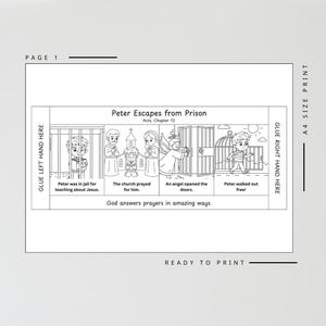 May include: Black and white illustrated printable page titled "Peter Escapes from Prison." The page depicts a story with text and images of Peter in jail, the church praying, an angel opening doors, and Peter walking free.