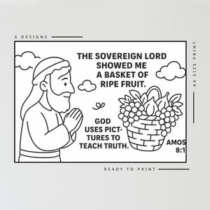 Op de afbeelding: Zwart-wit illustratie van een bijbelse sc&egrave;ne. Een man met een baard bidt naast een mand vol fruit. Tekst bevat: "De soevereine Heer toonde mij een mand met rijp fruit."