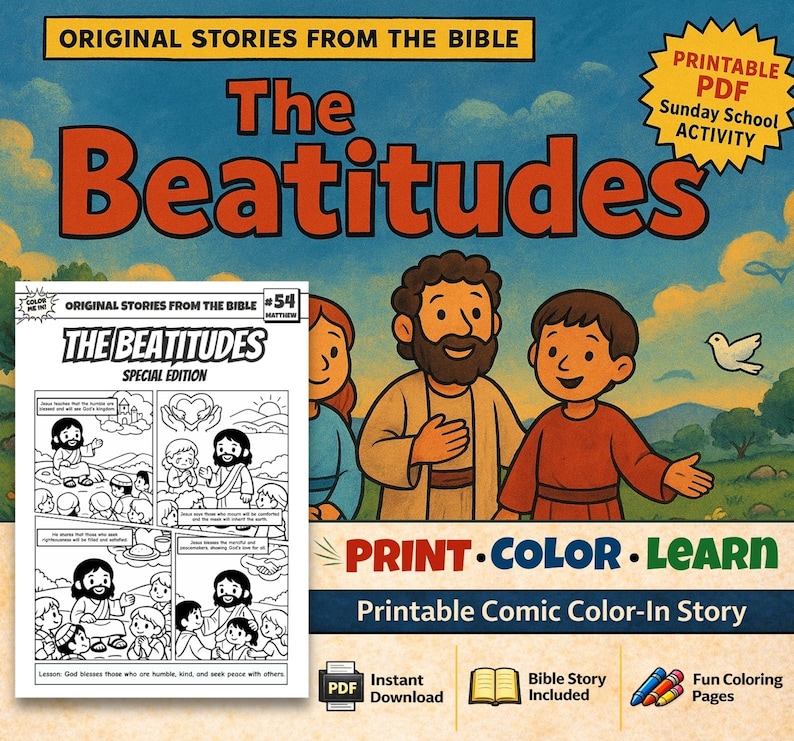 The Beatitudes Bible Comic Colouring Page: listing photo