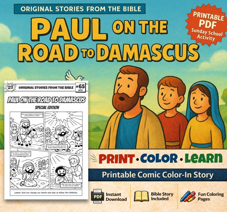 Paul on the Road to Damascus Bible Comic Colouring Page for Kids: listing photo