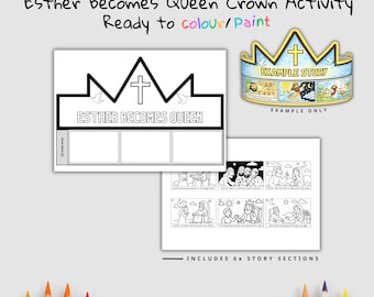 Könnte beinhalten: Ein Malaktivitätsset mit einer Krone und Geschichtsabschnitten. Die Kronenvorlage lautet "Esther Becomes Queen" und kann bemalt oder ausgemalt werden. Enthält sechs Geschichtsabschnitte mit Illustrationen. Ein Beispiel für eine farbige Krone wird gezeigt.
