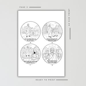 May include: Black and white line art print with four circular illustrations. Each depicts a biblical scene with text: "You worship what you do not know," "Some believed and followed Paul," "God made the world and everything in it," and "God raised Jesus from the dead."