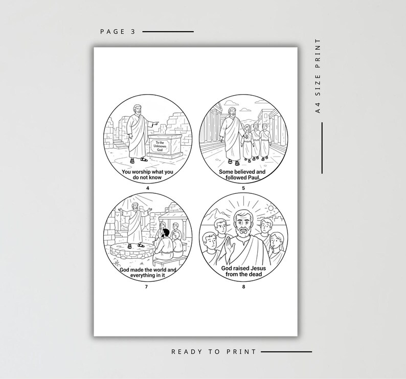 May include: Black and white line art print with four circular illustrations. Each depicts a biblical scene with text: "You worship what you do not know," "Some believed and followed Paul," "God made the world and everything in it," and "God raised Jesus from the dead."