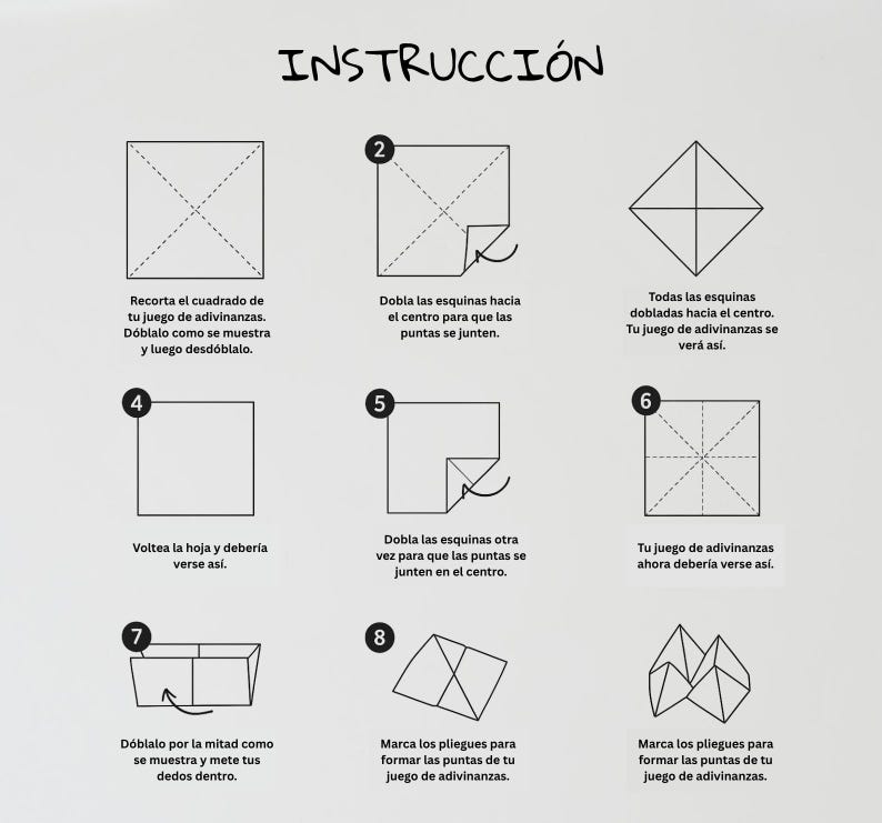 May include: A white instructional diagram with the word "INSTRUCCI&Oacute;N" at the top. The diagram shows a step-by-step guide on how to fold a paper fortune teller, with numbered steps and illustrations.