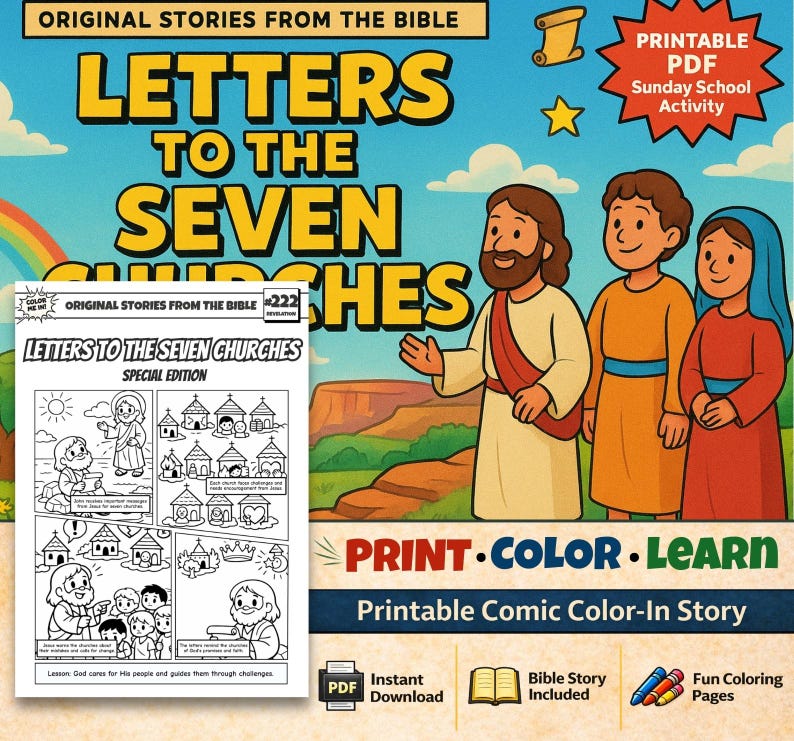 Letters to the Seven Churches Bible Comic Colouring Page for Kids: listing photo
