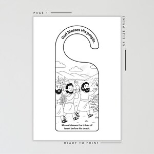 May include: Black and white door hanger with a biblical illustration. The image depicts a scene with figures, mountains, and text that reads "God blesses His people" and "Moses blesses the tribes of Israel before his death." The design is ready to print.