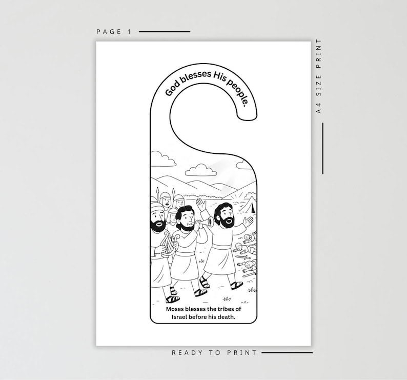 May include: Black and white door hanger with a biblical illustration. The image depicts a scene with figures, mountains, and text that reads "God blesses His people" and "Moses blesses the tribes of Israel before his death." The design is ready to print.