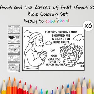 Op de afbeelding: Een Bijbel kleurset getiteld "Amos en de mand met fruit (Amos 8)" met de tekst "Ready to colour/Paint". De set bevat een hoofdafbeelding en zes kleinere panelen. De hoofdafbeelding toont een man, een fruitmand en tekst.