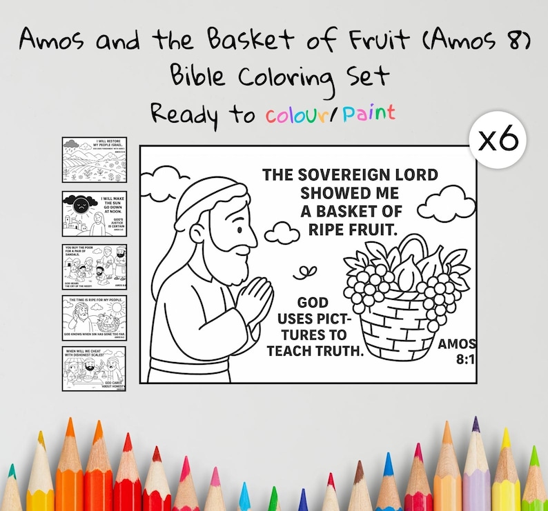 Amos and the Basket of Fruit Bible Colouring Pages: listing photo